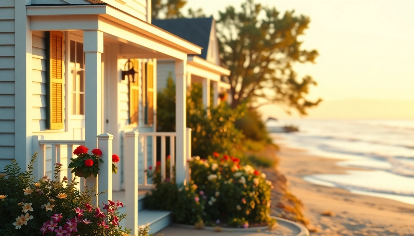 Captivating cape cod home nestled among flowers with a beach view at sunset.