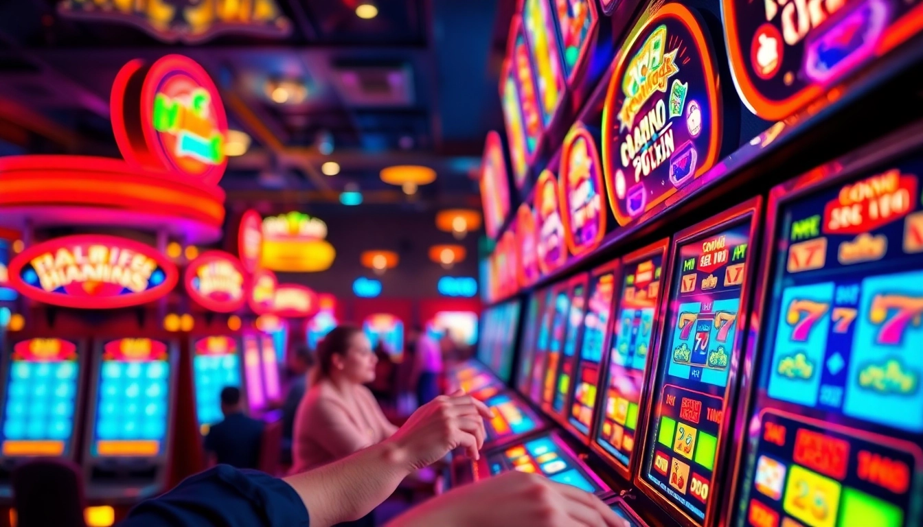 Experience the thrill of a slot jackpot in a lively casino setting with vibrant colors.
