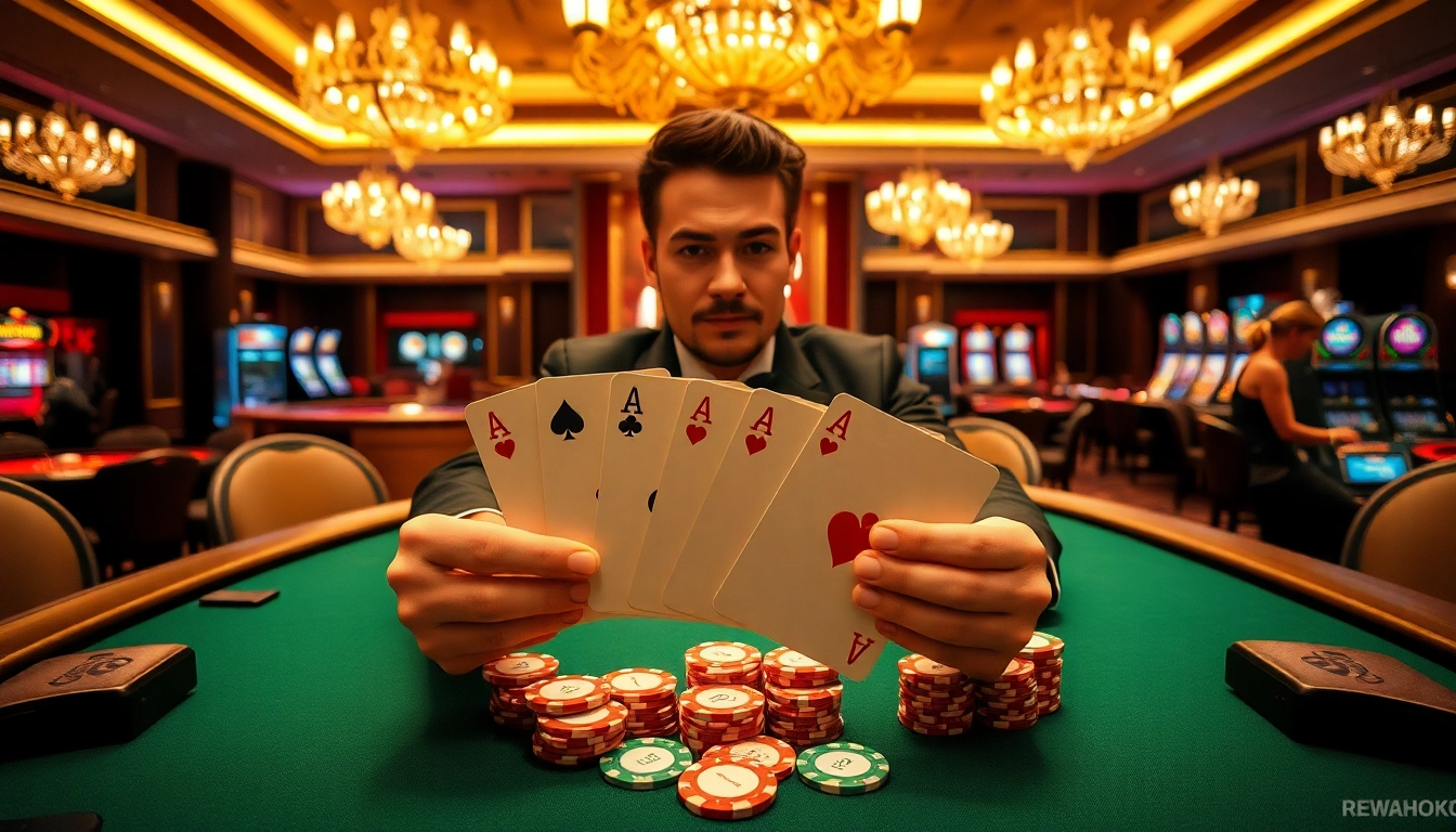 Rebahin captures the excitement of winning at a poker table inside a luxurious casino.