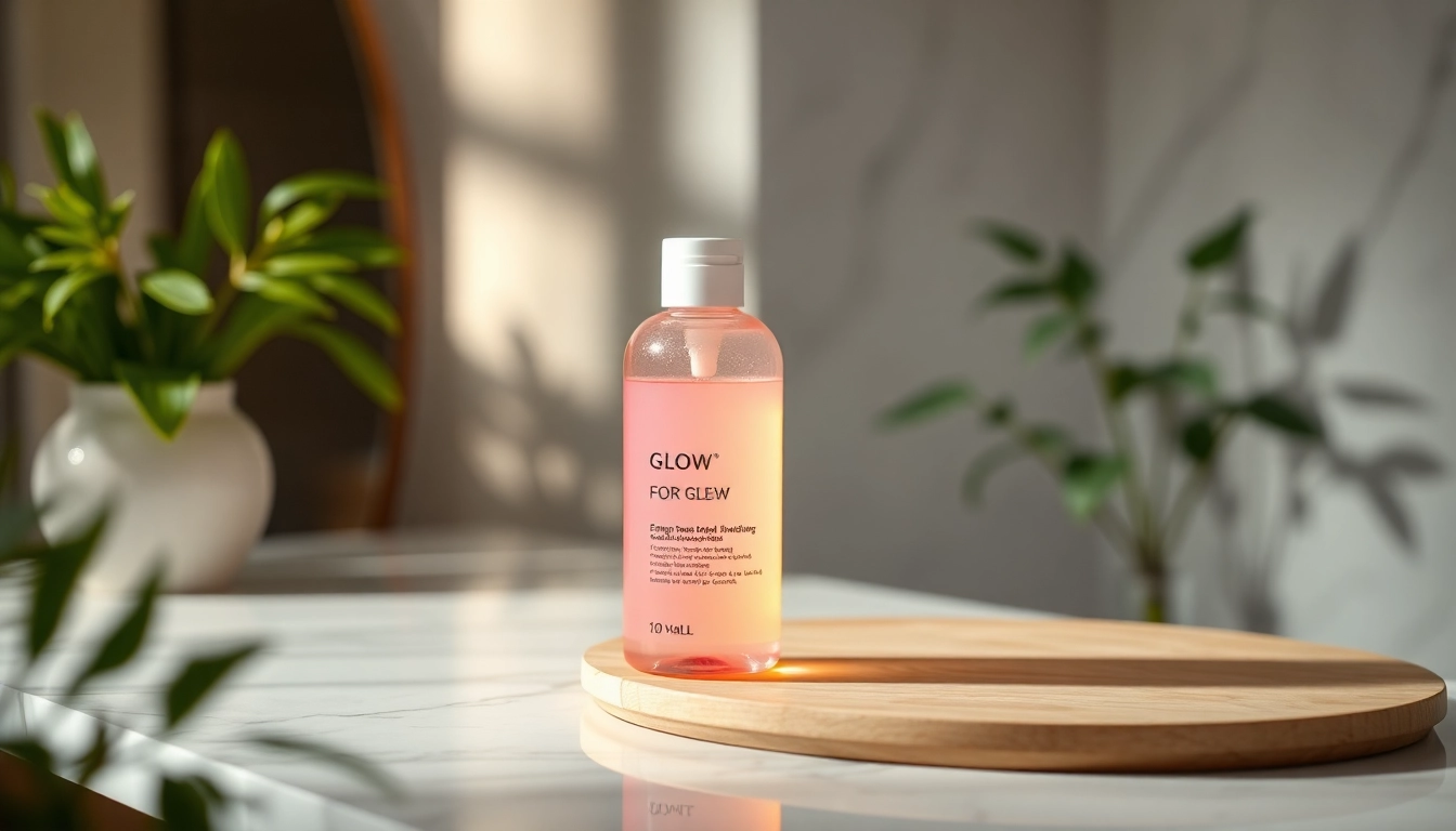 toner för Glow visas i en lugn hudvårdsmiljö med naturliga element och mjukt ljus