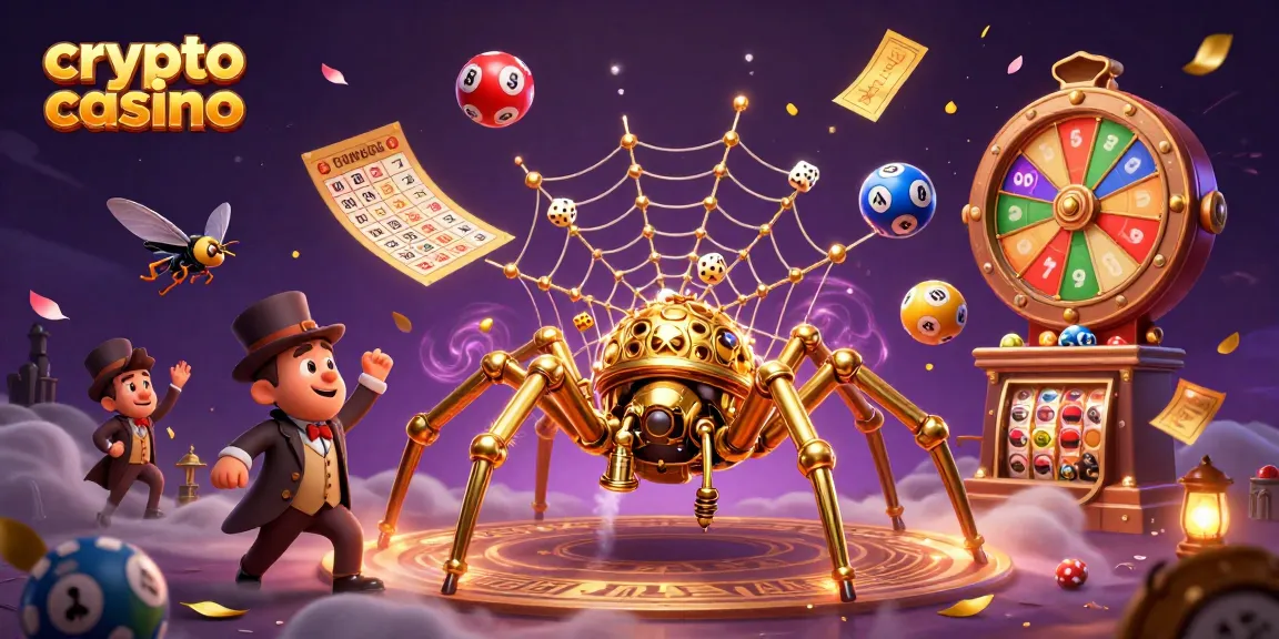Giocatori che interagiscono in un crypto casino, mentre una ragnatela d'oro cattura dadi sfortunati.