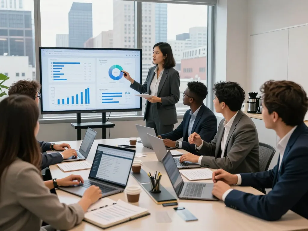 Team discussing New York SEO Services in a modern conference room with analytics displayed.
