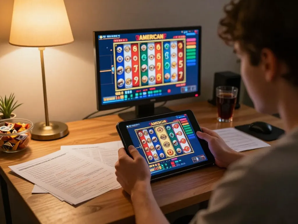 Engaging player enjoying casino online americani on tablet at home with vibrant setup.