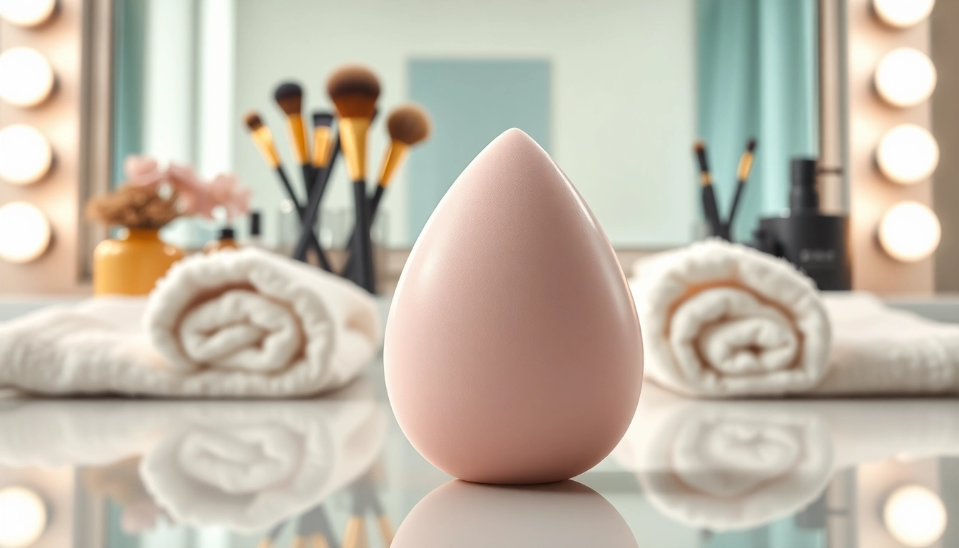 Applying silicone sponge makeup product shown in an elegant setting with soft lighting.