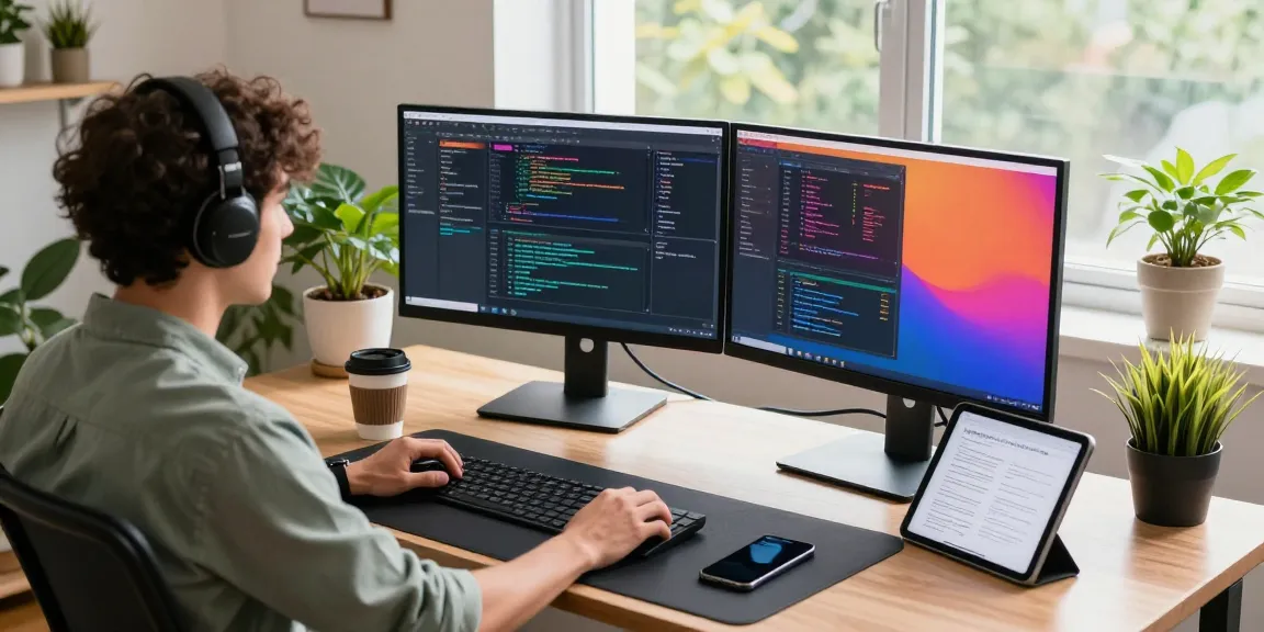 Developer productivity in tech workspace, showcasing 纸飞机下载 applications, coding environment, and modern decor.