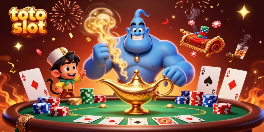 Menangkan permainan toto slot dengan karakter genie yang kuat dan poker chip yang berkilau.