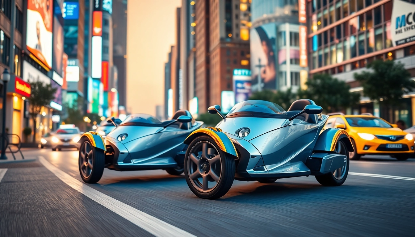 Ride cheap street legal three wheeler trikes in a vibrant urban setting with bright city lights.