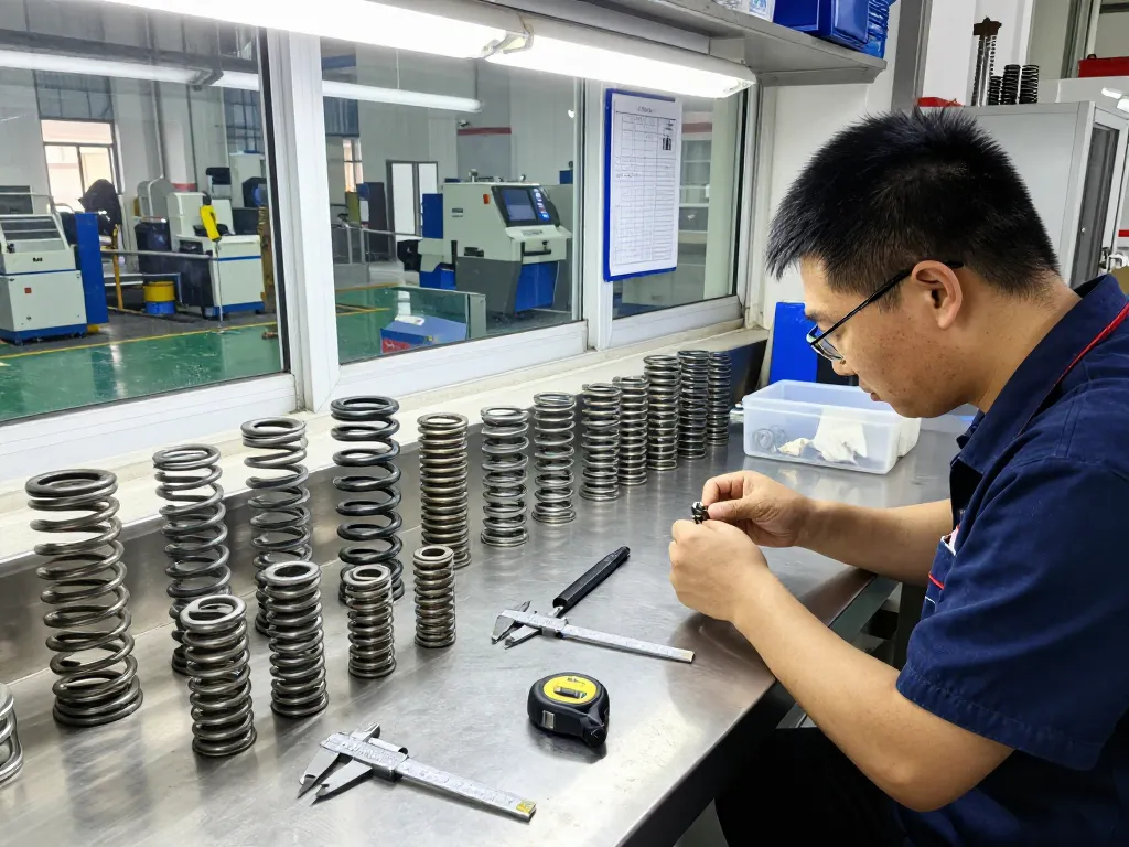Arcuri compresie inspectate de un tehnician într-un atelier industrial