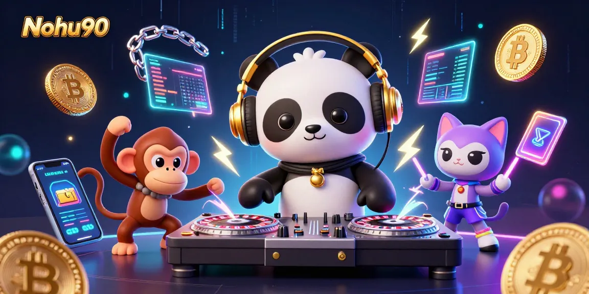 Nohu90 offers an engaging scene where a DJ panda spins, showcasing vibrant cryptocurrency elements and lively casino themes.