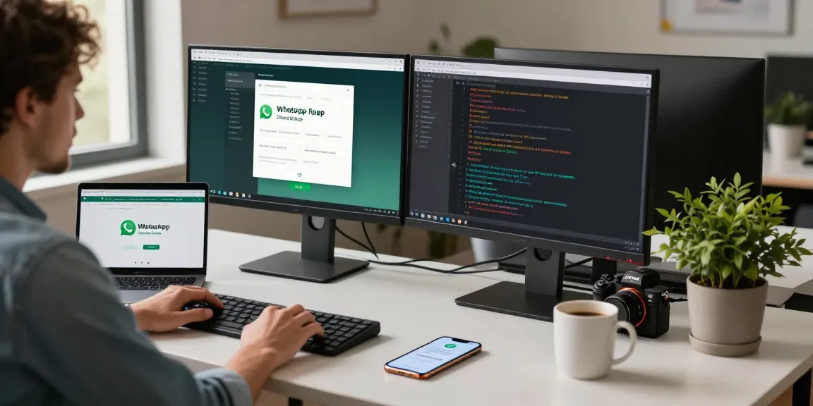 WhatsApp下載 in a tech workspace with a developer coding on dual monitors and a smartphone displaying notifications.