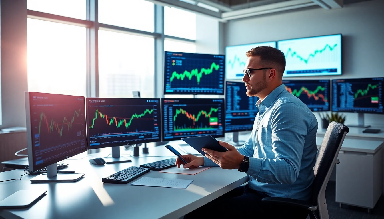 Visual representation of professional trader analyzing HOOD stock price data on multiple screens in a bright office setting.