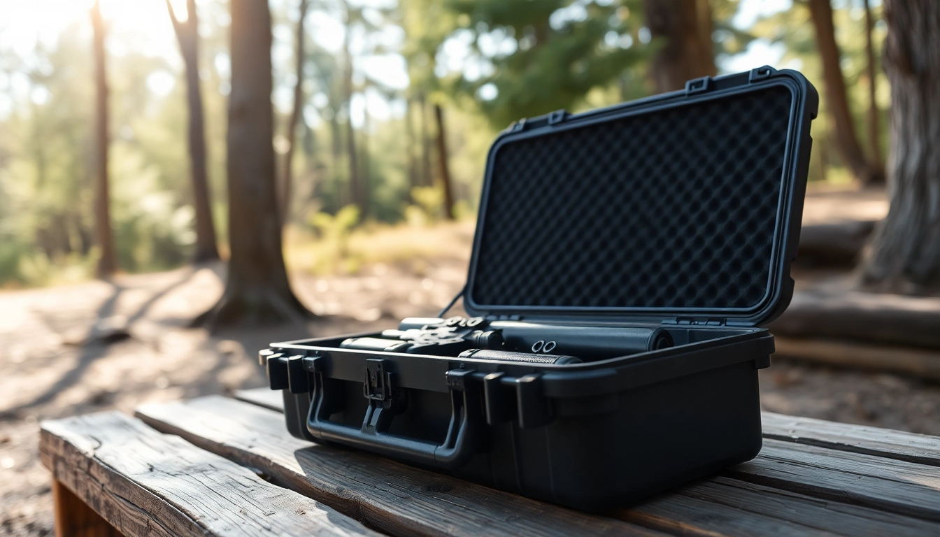 Showcasing a pelican rifle case with accessories, highlighting its rugged design and outdoor suitability.