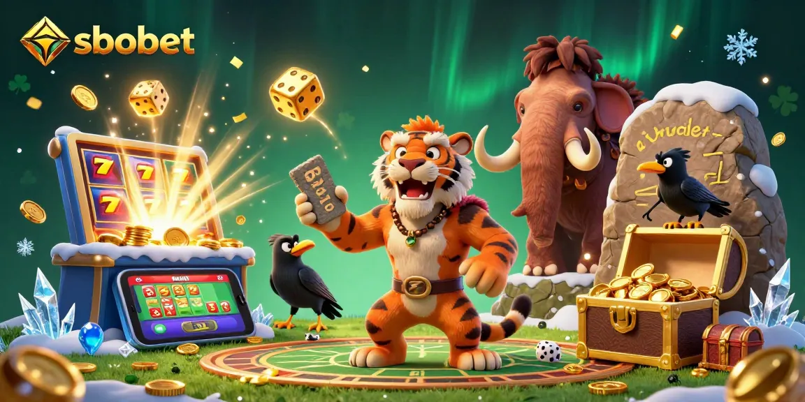 SBOBET showcases a thrilling sports betting scene with cartoon characters celebrating wins and jackpots.
