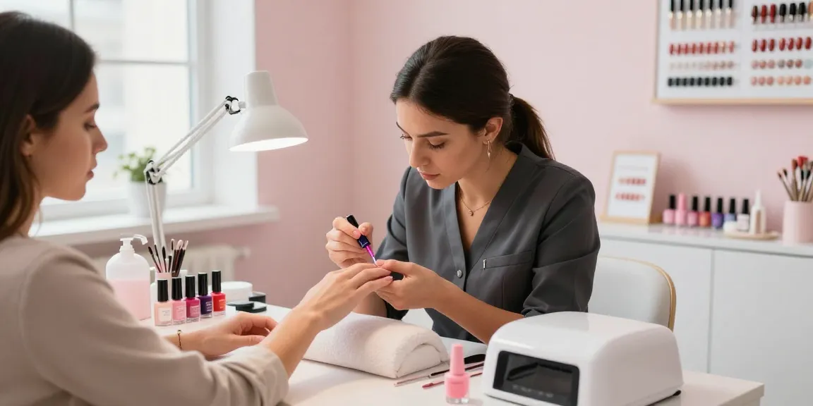 Mânile clientului primind o aplicare profesională de bază și top coat pentru unghii într-un salon de unghii elegant.