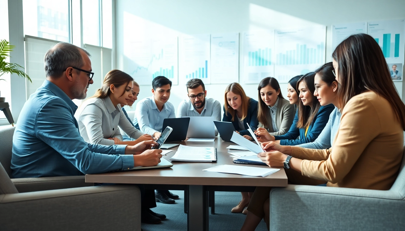 Collaborative team discussions on contracts and grants in a modern office environment.