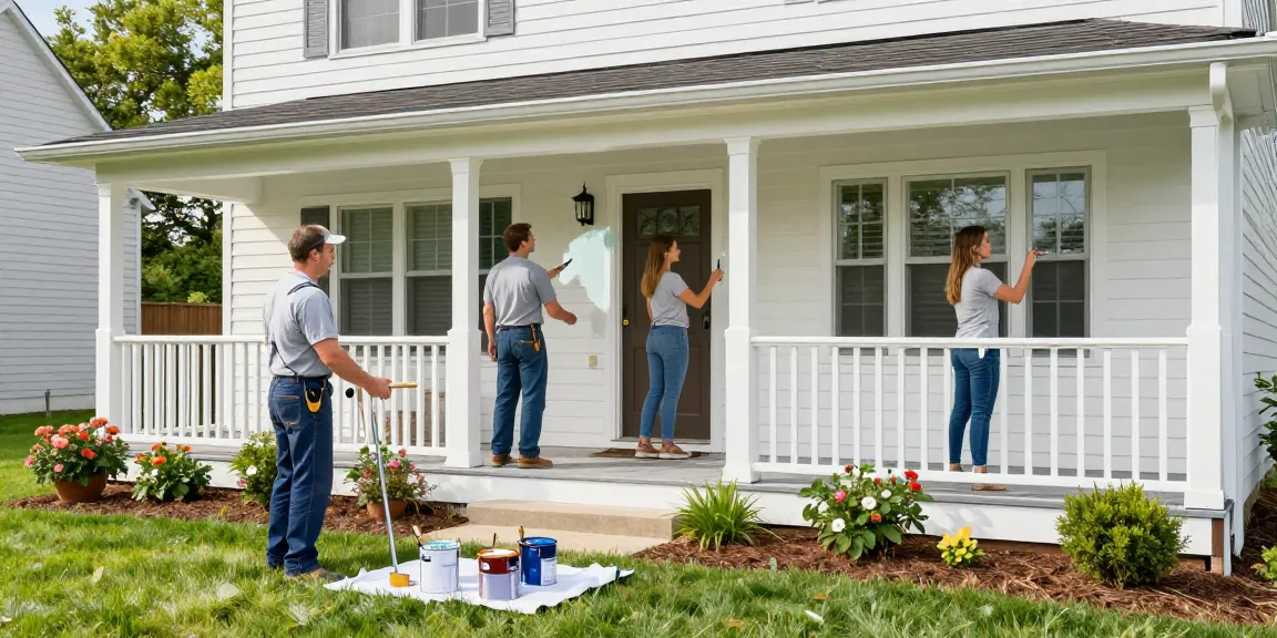Painters in Franklin County Ohio refreshing a home exterior with vibrant paint, showcasing professional craftsmanship and community spirit.