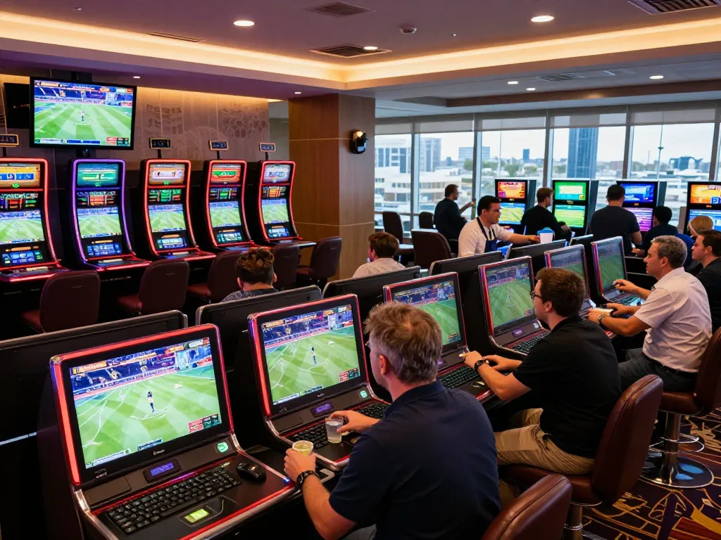 Winstrike69 bettors analyzing odds at a lively casino sports betting area.