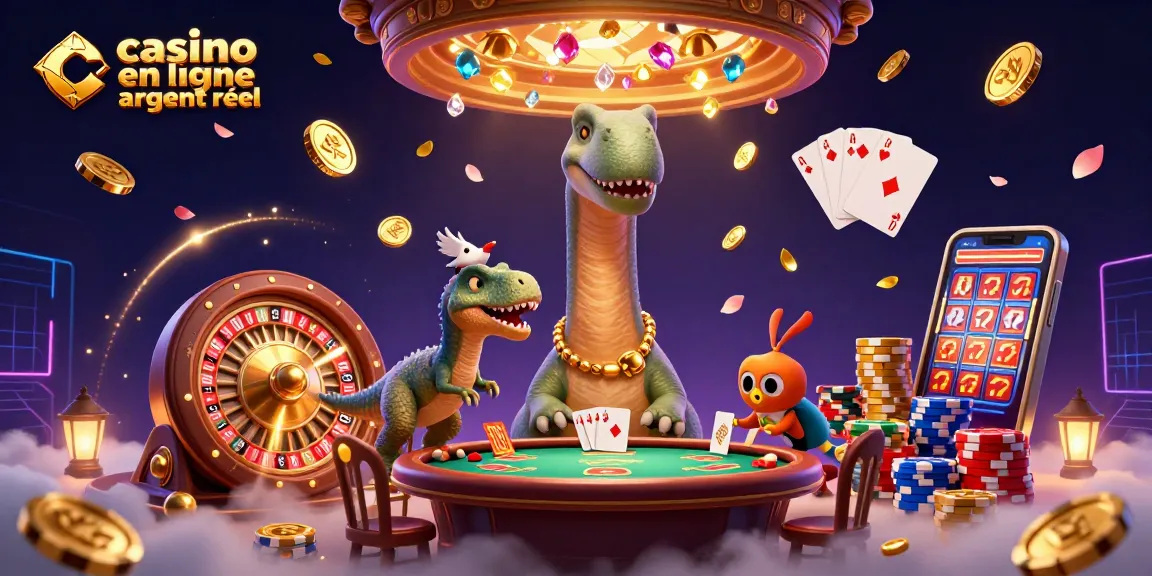 Jouez sur un casino en ligne argent réel avec une illustration animée de jeux de société, cartes et jetons.