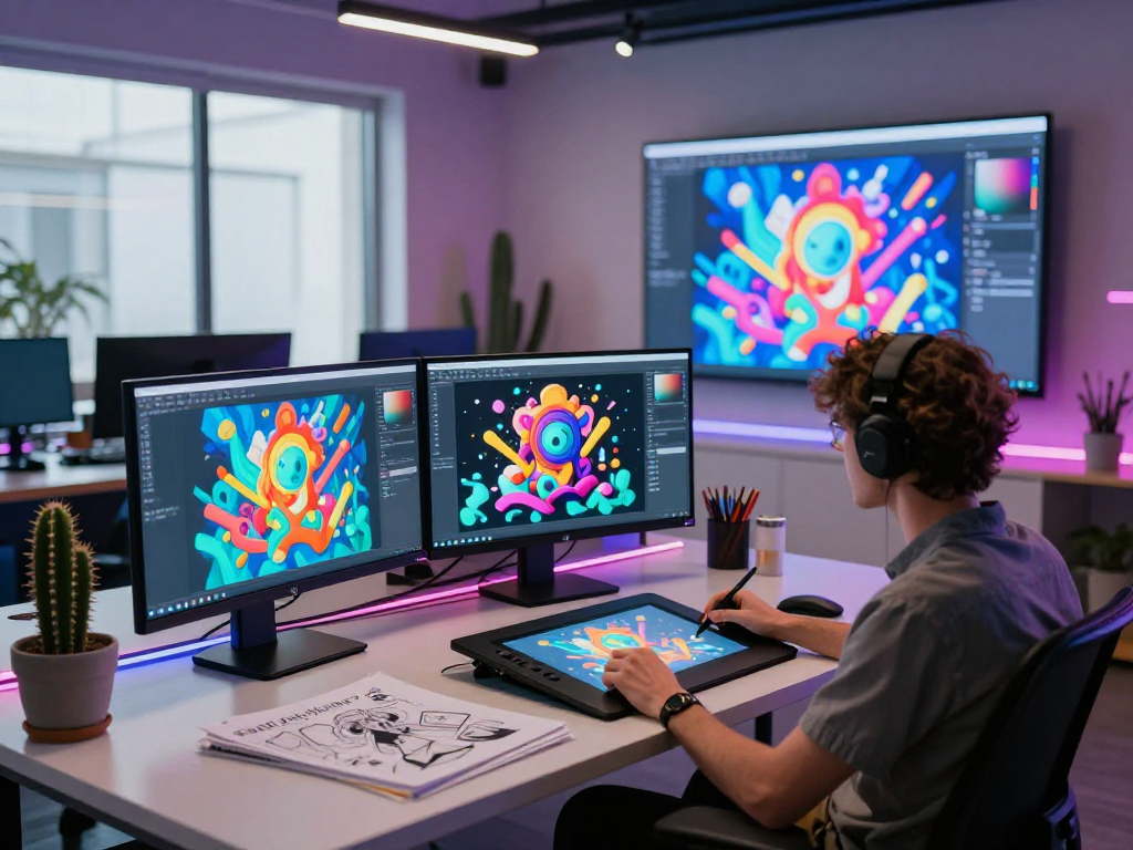 Artist creating stunning AI porn visuals in a vibrant digital studio