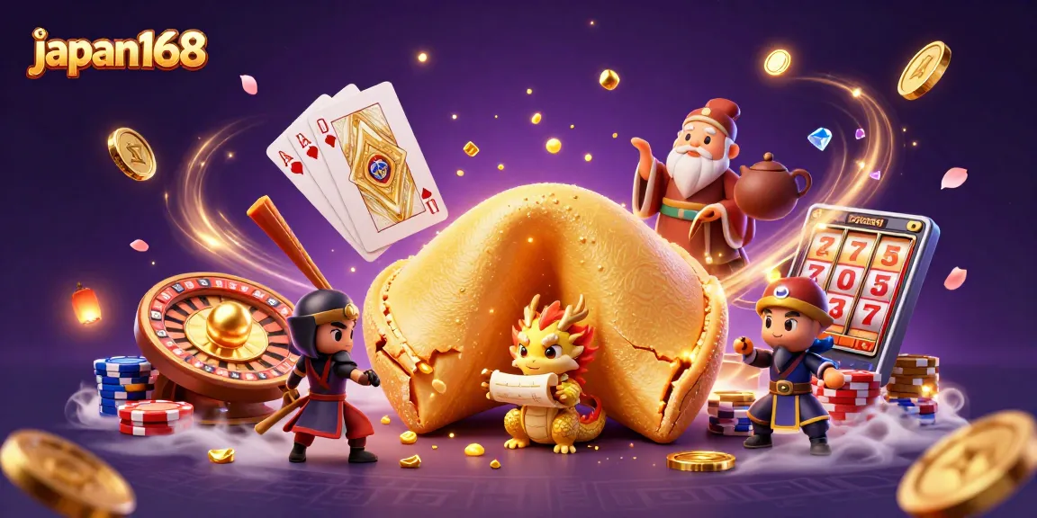 Experience the excitement of japan168 with a dynamic casino scene featuring a golden fortune cookie and gaming elements.