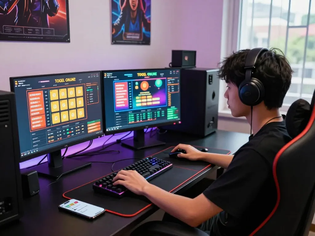 Engaged player enjoying Togel Online gaming, surrounded by screens and gaming gear.