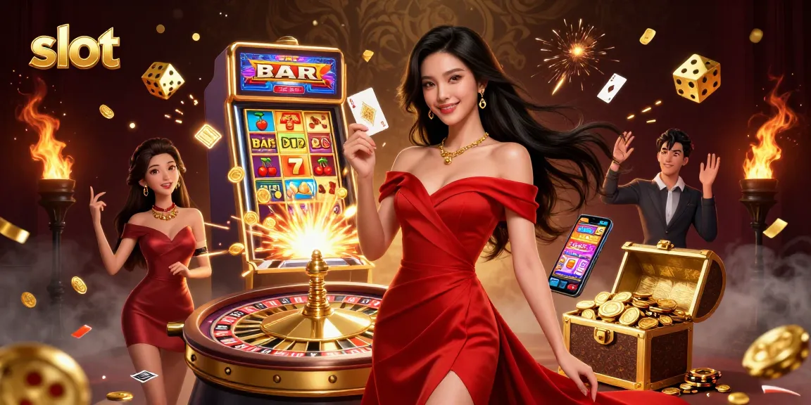 Experience thrilling slot games with a confident woman and jackpot elements in this vibrant casino scene.