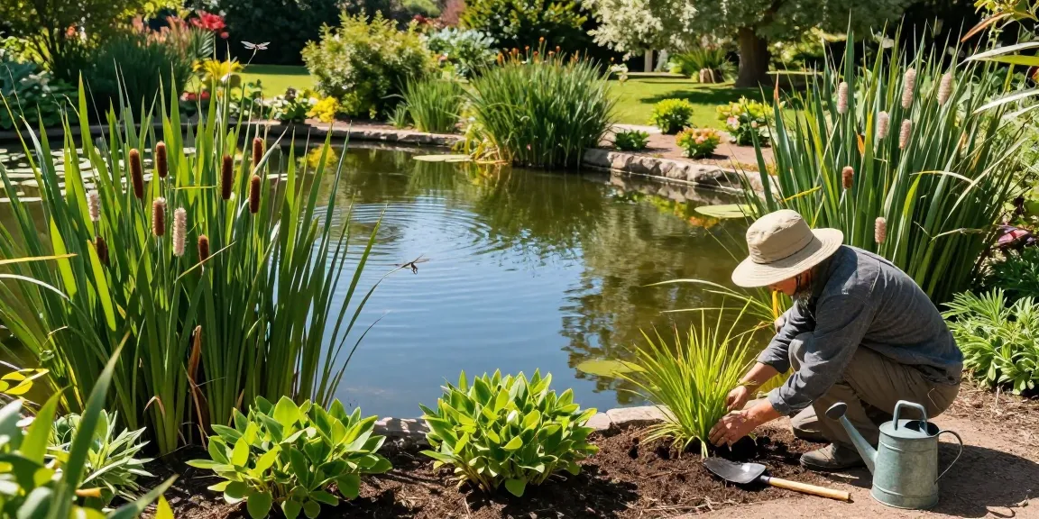 Marginal Pond Plants flourishing around a tranquil pond while a gardener tends to aquatic flora.