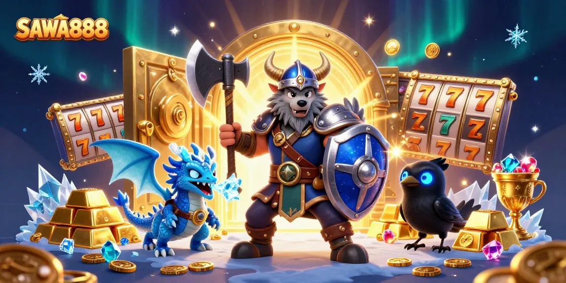 Experience thrilling gameplay with SAWA888 as the Viking wolf warrior and allies unveil treasure in a magical setting.
