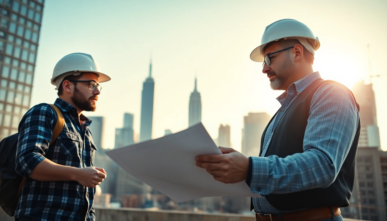 New York City General Contractor team discussing plans at a skyscraper site in Manhattan.