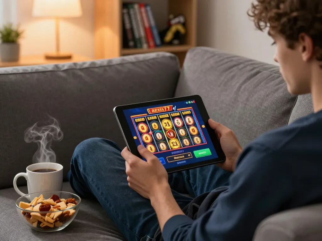 Player engaging with the alexis77 casino app on a tablet, evoking excitement in a cozy home setting.