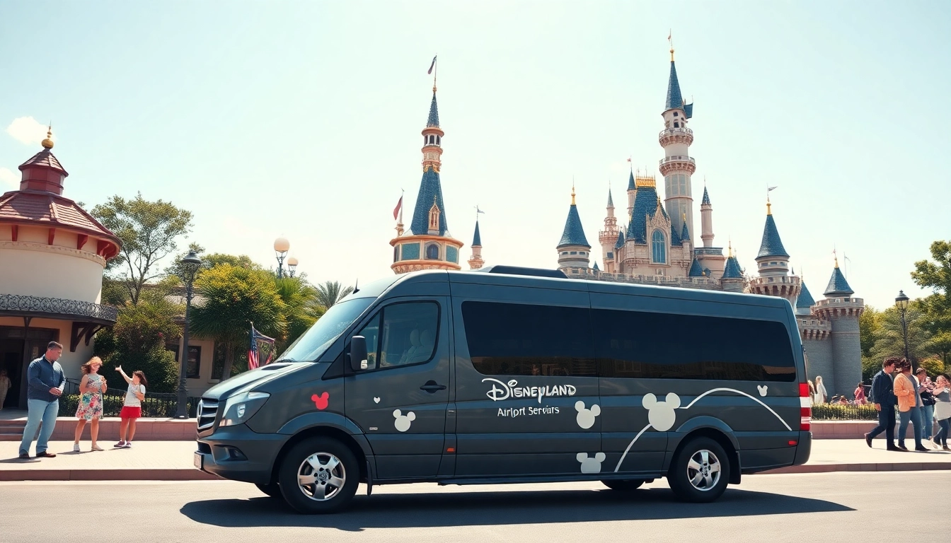 Capture Disneyland Paris airport transfer services with a vibrant transfer vehicle and the iconic park in view.