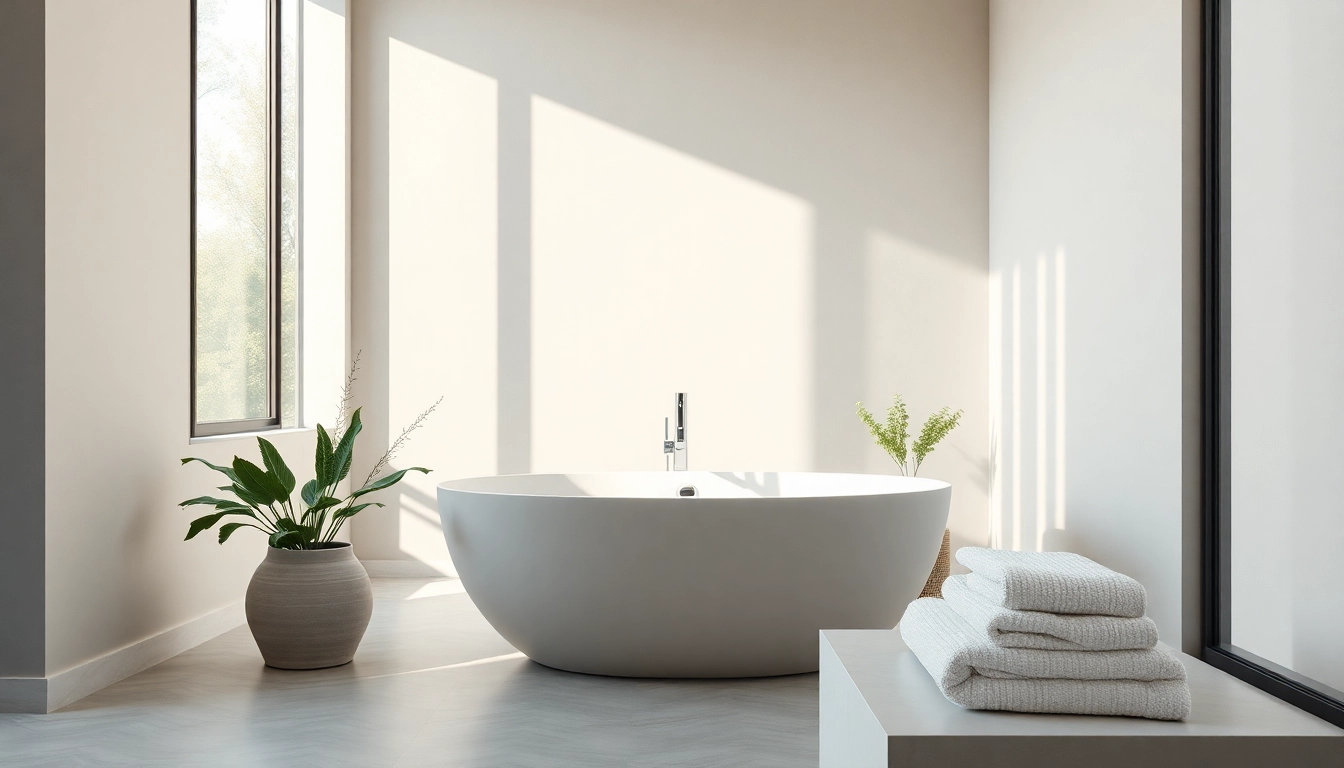 Vasca da bagno moderna in un bagno elegante e luminoso con dettagli raffinati.