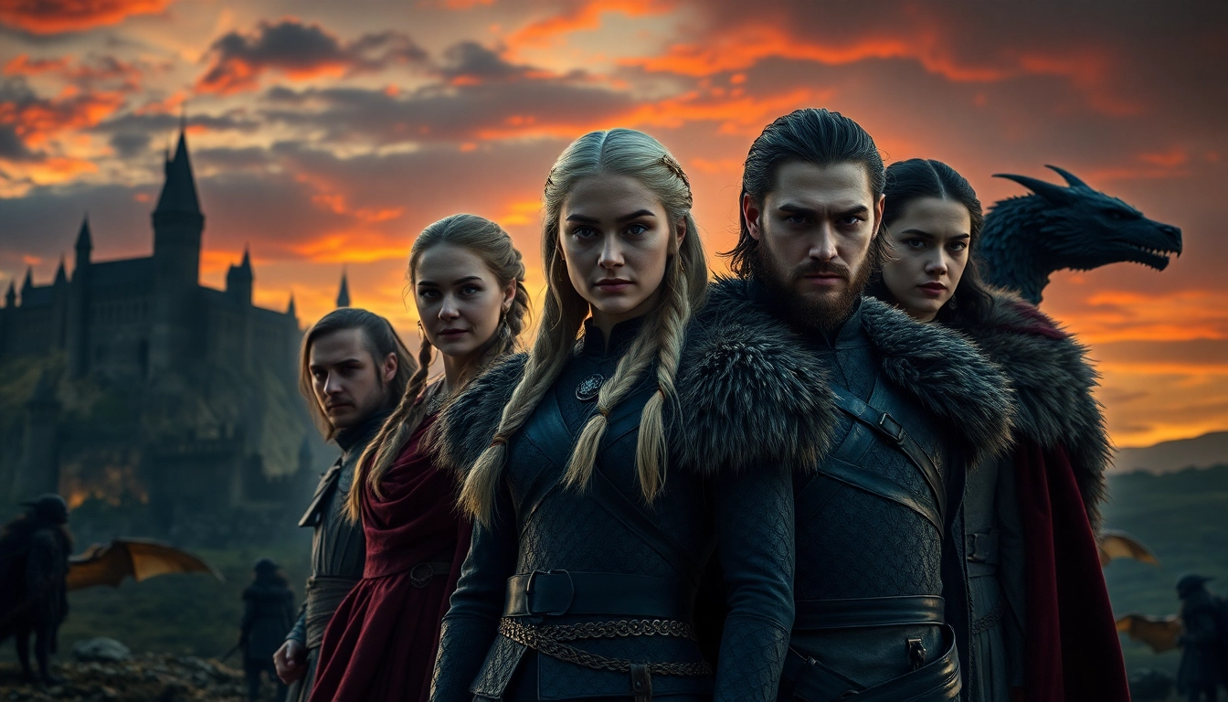 Showcase the game of thrones cast featuring iconic characters in a dramatic fantasy setting.