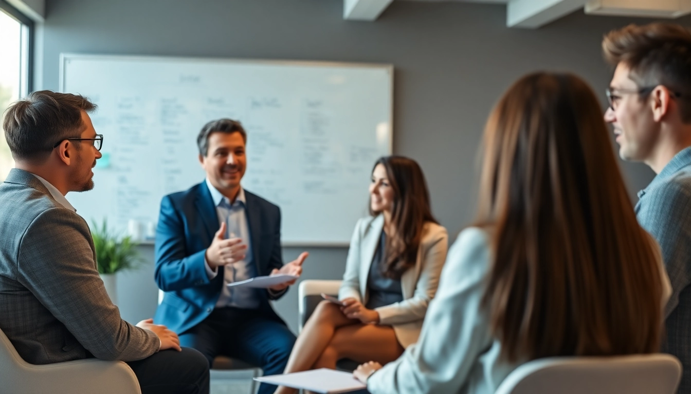 Mediation session with diverse participants discussing conflict resolution in a modern office.