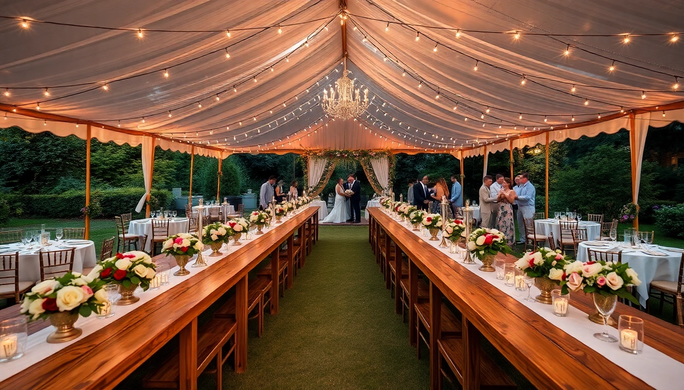 Stunning outdoor event rentals setup perfect for weddings, featuring elegant decor and a lively atmosphere.