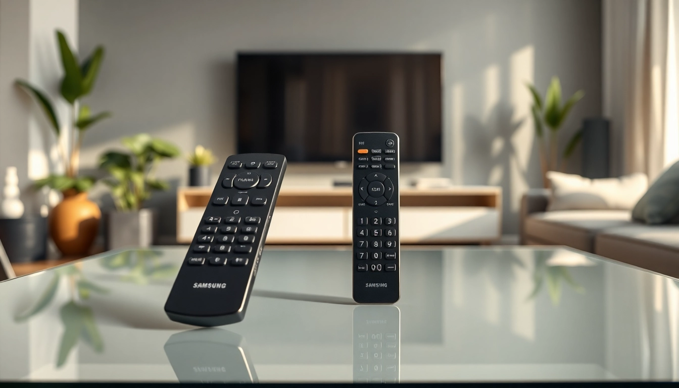 Bedienen Sie die Samsung Fernbedienung UE48 mit einem modernen, eleganten Design in einem stilvollen Wohnzimmer.