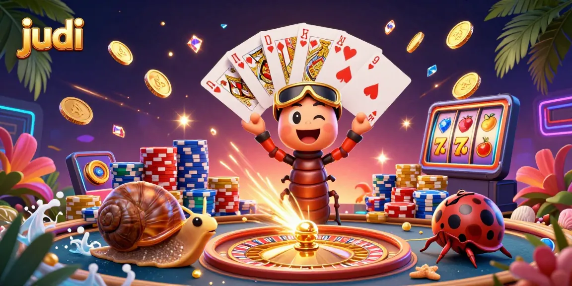Engage in judi excitement with a vibrant casino scene featuring animated characters, dazzling chips, and lively slot reels.