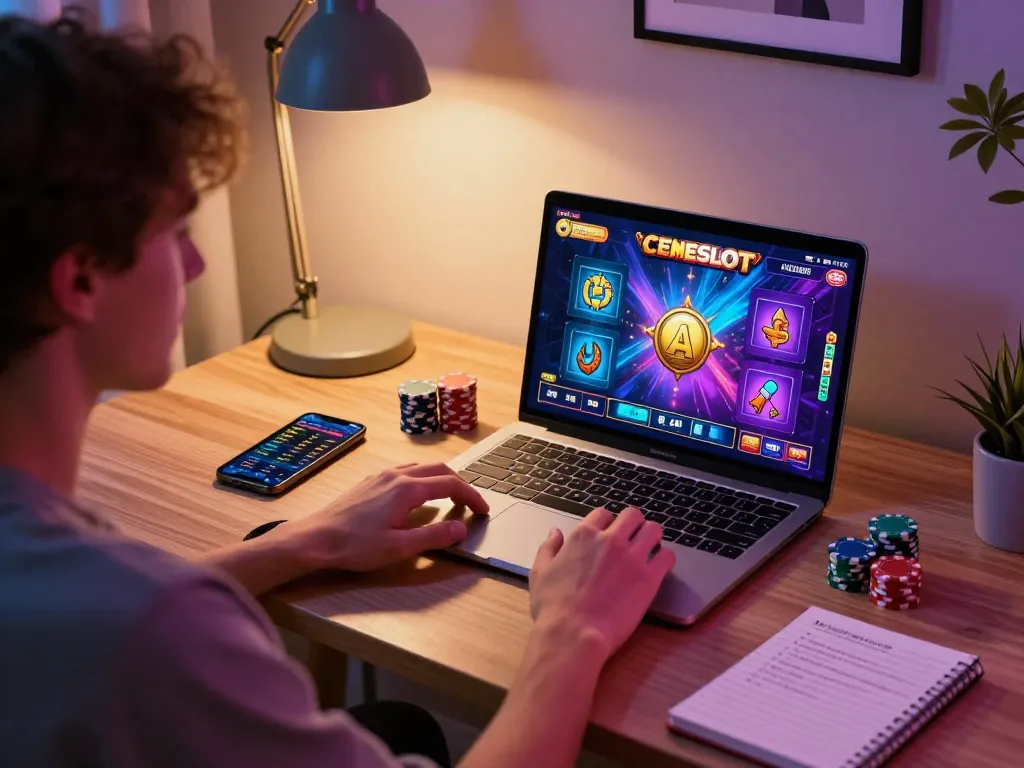 CEMESLOT gameplay in a stylish home office, emphasizing online slot strategies and gaming graphics.
