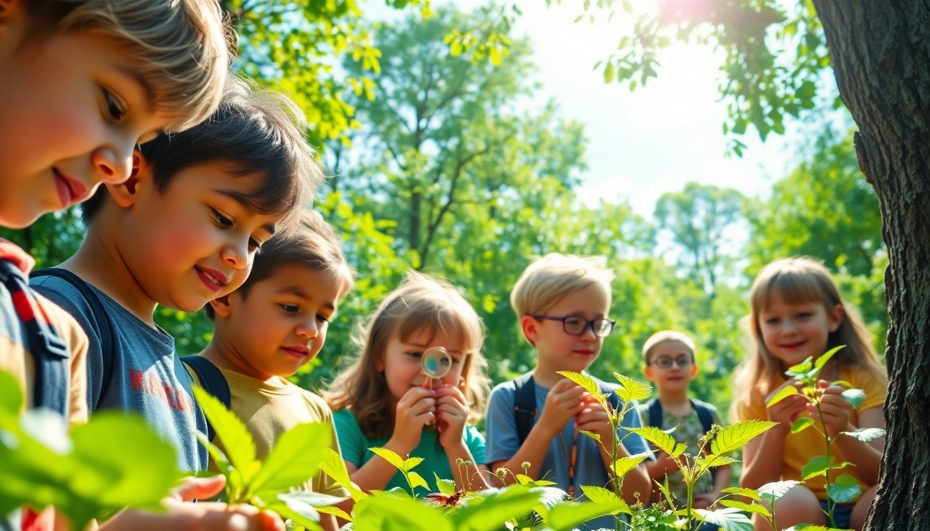 Children exploring at a science and nature camp, examining plants and insects outdoors.