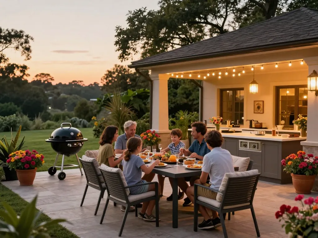 Outdoor living configurator showcasing a family gathering in a beautifully designed patio space with festive lighting.