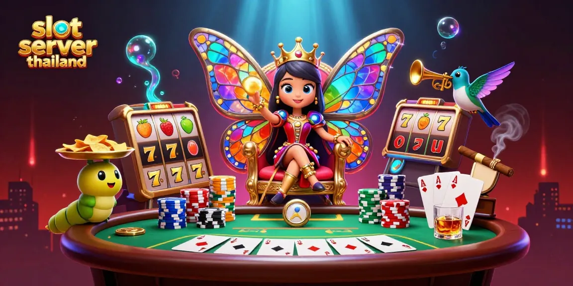 Experience thrills with slot server thailand as vibrant characters and colorful slots create a dynamic casino atmosphere.