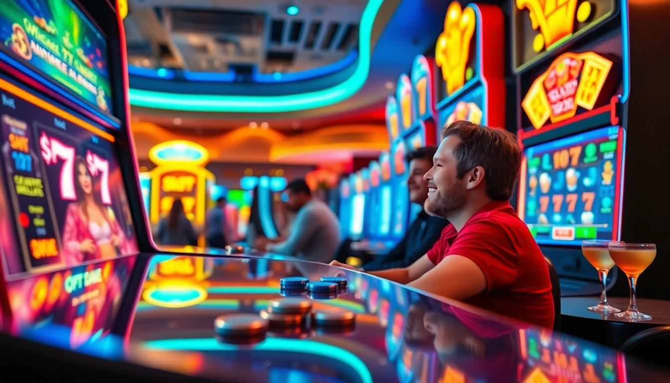 Memainkan Slot77 di kasino yang cerah dan energik, dengan mesin slot dan teman-teman di sekelilingnya.