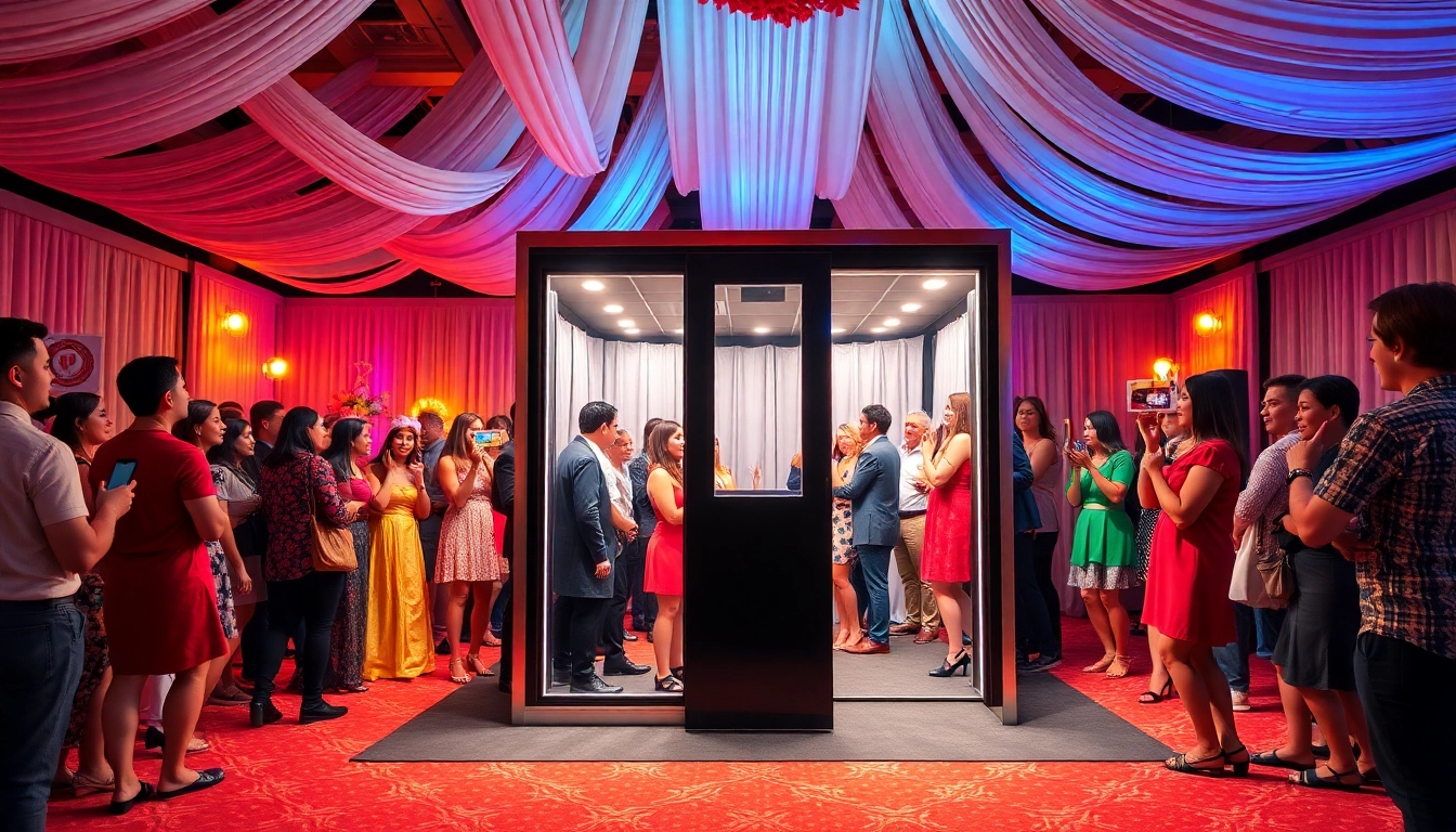 Guests enjoying a photo booth Chicago experience with vibrant fun props and decorations.