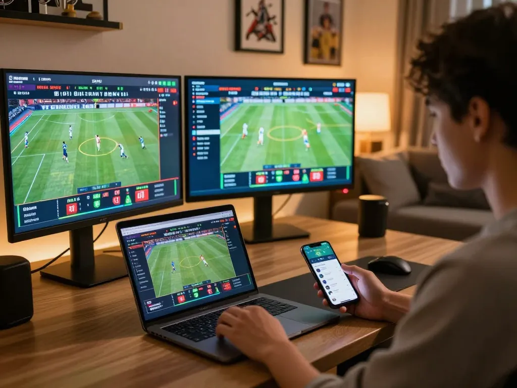 Engaged user strategizing on sports betting via https://cakhiatv.design/ with multiple screens displaying live matches.