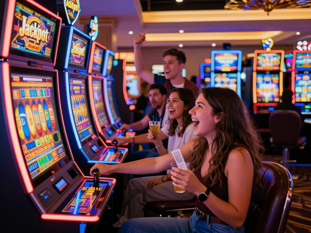Excited players engaging with slot machines, showcasing the fun of slot bet 200 in a vibrant casino atmosphere.