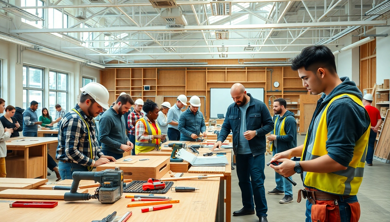 Engaged students in construction craft training within a professional classroom setting.