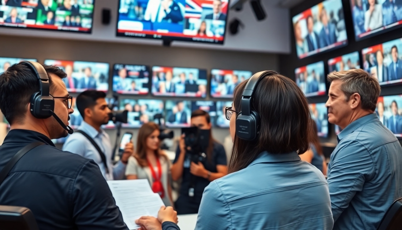 Engaging journalists collaborating in a newsroom filled with live news broadcasts.
