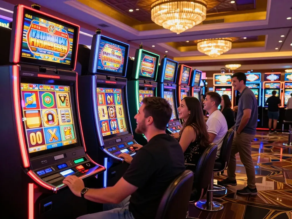 Players cheering while spinning slot machines, highlighting the excitement of gambling.