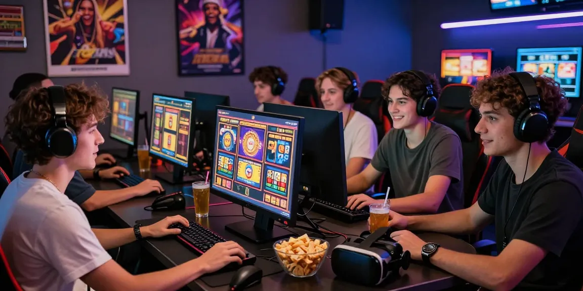 Friends enjoying a gaming night with slot deposit 5k excitement, colorful screens and gaming snacks.