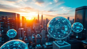 Showcasing technology innovations against a vibrant city skyline, highlighting connectivity and advancement.